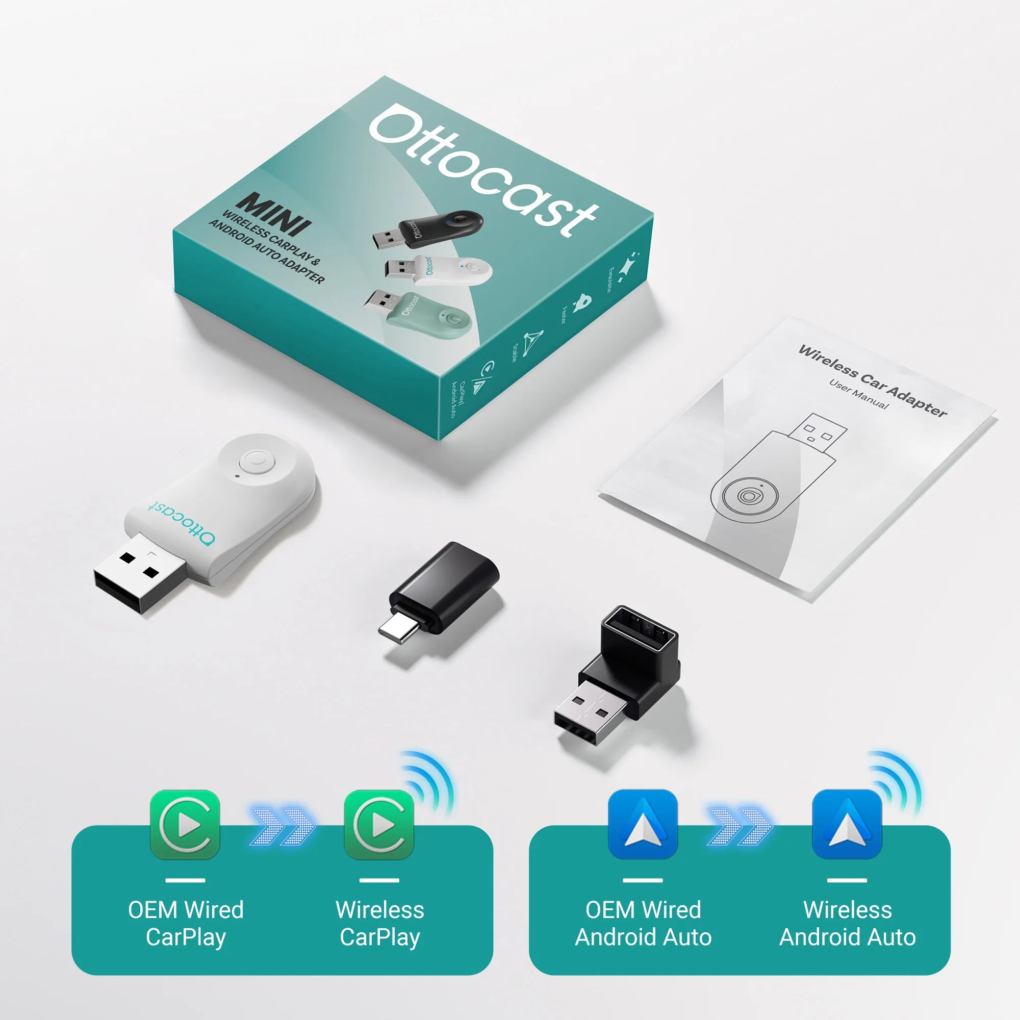 OTTOCAST Mini Wireless CarPlay & Android Auto Adapter, Compact Plug & Play Bluetooth 5.0