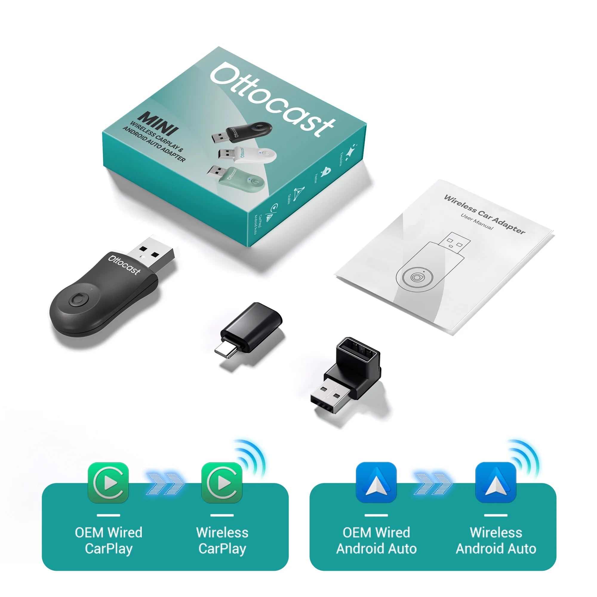OTTOCAST Mini Wireless CarPlay & Android Auto Adapter, Compact Plug & Play Bluetooth 5.0