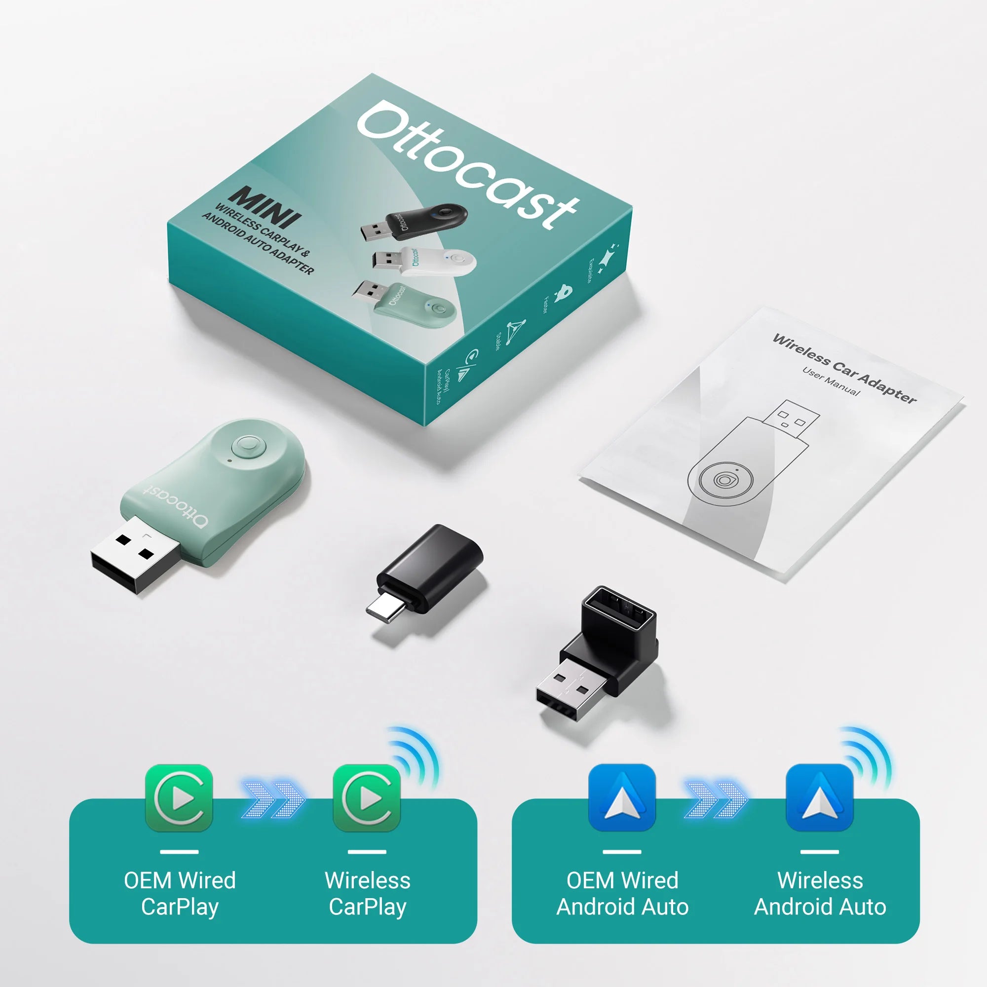 OTTOCAST Mini Wireless CarPlay & Android Auto Adapter, Compact Plug & Play Bluetooth 5.0