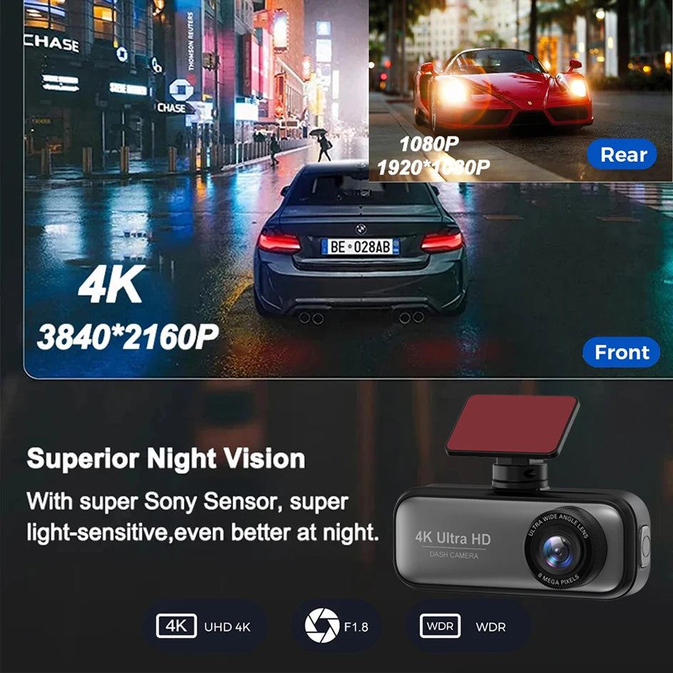 4K Dual Lens Dash Cam with GPS, Wi-Fi, Night Vision, 24H Parking & Rear Camera DVR Night Vision
