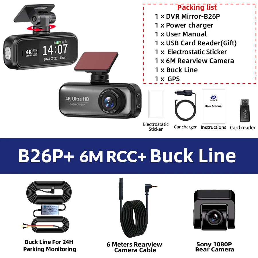 4K Dual Lens Dash Cam with GPS, Wi-Fi, Night Vision, 24H Parking & Rear Camera DVR Night Vision