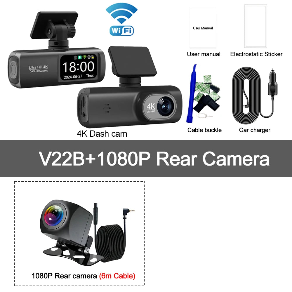 UHD 4K WiFi Dual Lens Car Dash Cam With GPS, 1080P Rear Camera & 24H Parking Surveillance