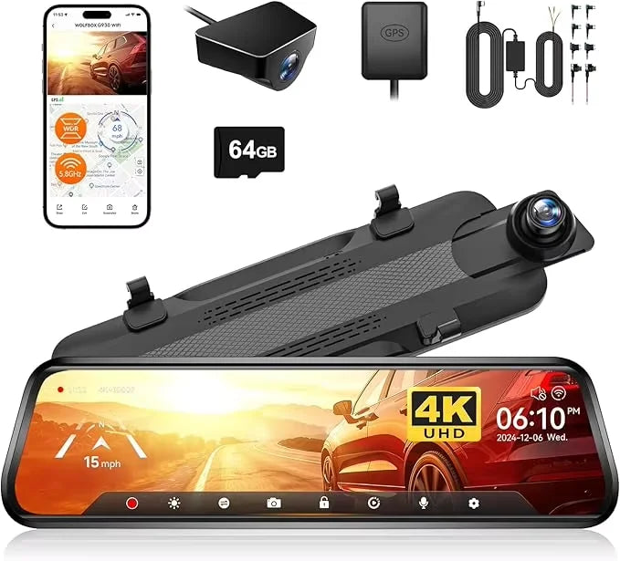 WOLFBOX G930 10 Inch 4K Wifi Dash Camera DVR Mirror Car Cam With GPS Parking Monitor Night Vision