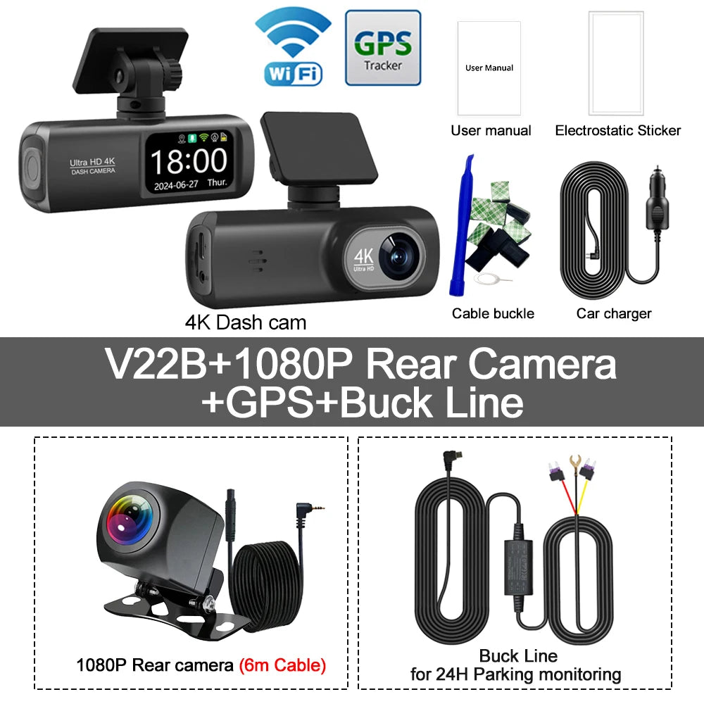 UHD 4K WiFi Dual Lens Car Dash Cam With GPS, 1080P Rear Camera & 24H Parking Surveillance