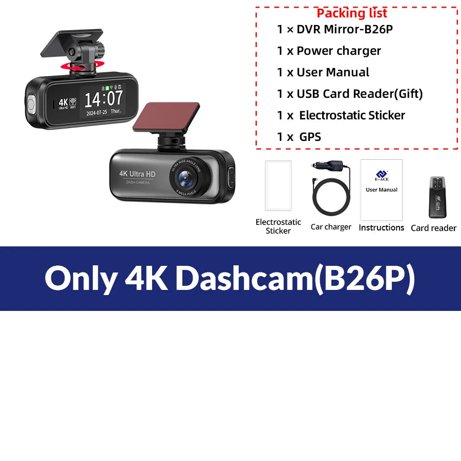 4K Dual Lens Dash Cam with GPS, Wi-Fi, Night Vision, 24H Parking & Rear Camera DVR Night Vision