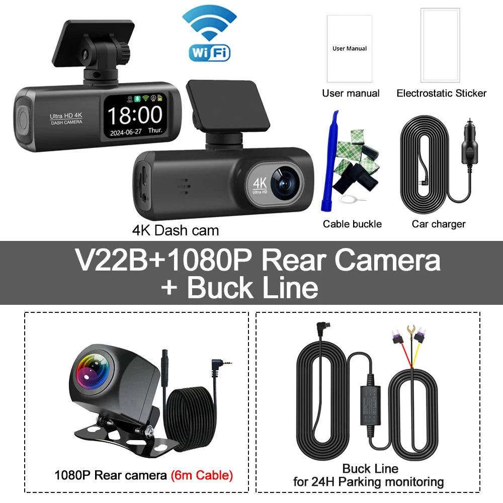 UHD 4K WiFi Dual Lens Car Dash Cam With GPS, 1080P Rear Camera & 24H Parking Surveillance