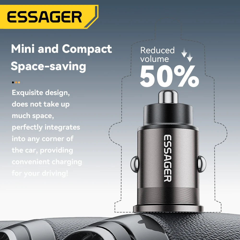 ESSAGER 45W Mini USB Car Charger QC 3.0 PD 3.0 SCP AFC USB-C Fast Charging for iPhone Huawei Samsung