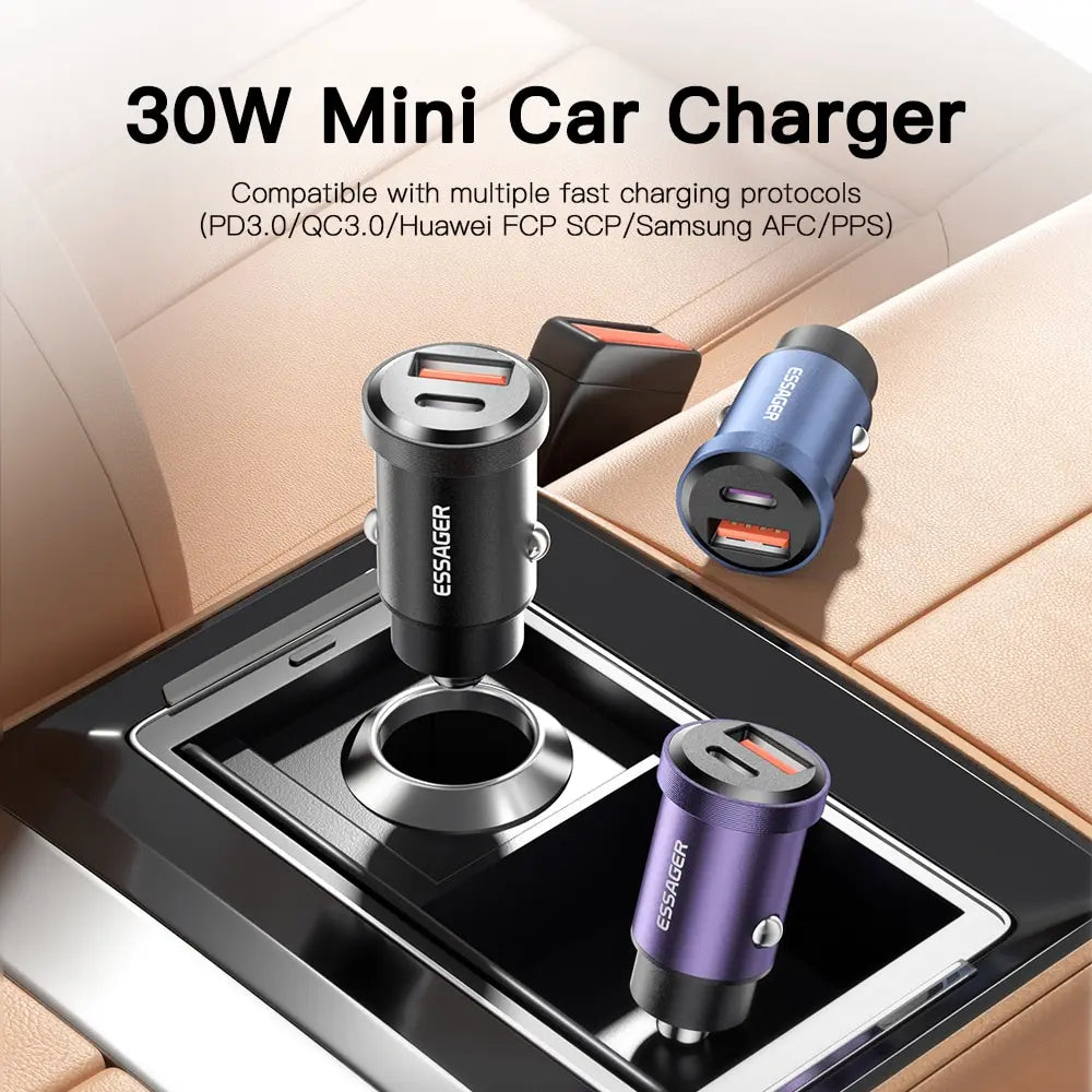 ESSAGER 30W 5A QC PD 3.0 SCP USB Car Charger Quick Charge 4.0 USB-C Fast Charging for iPhone Huawei