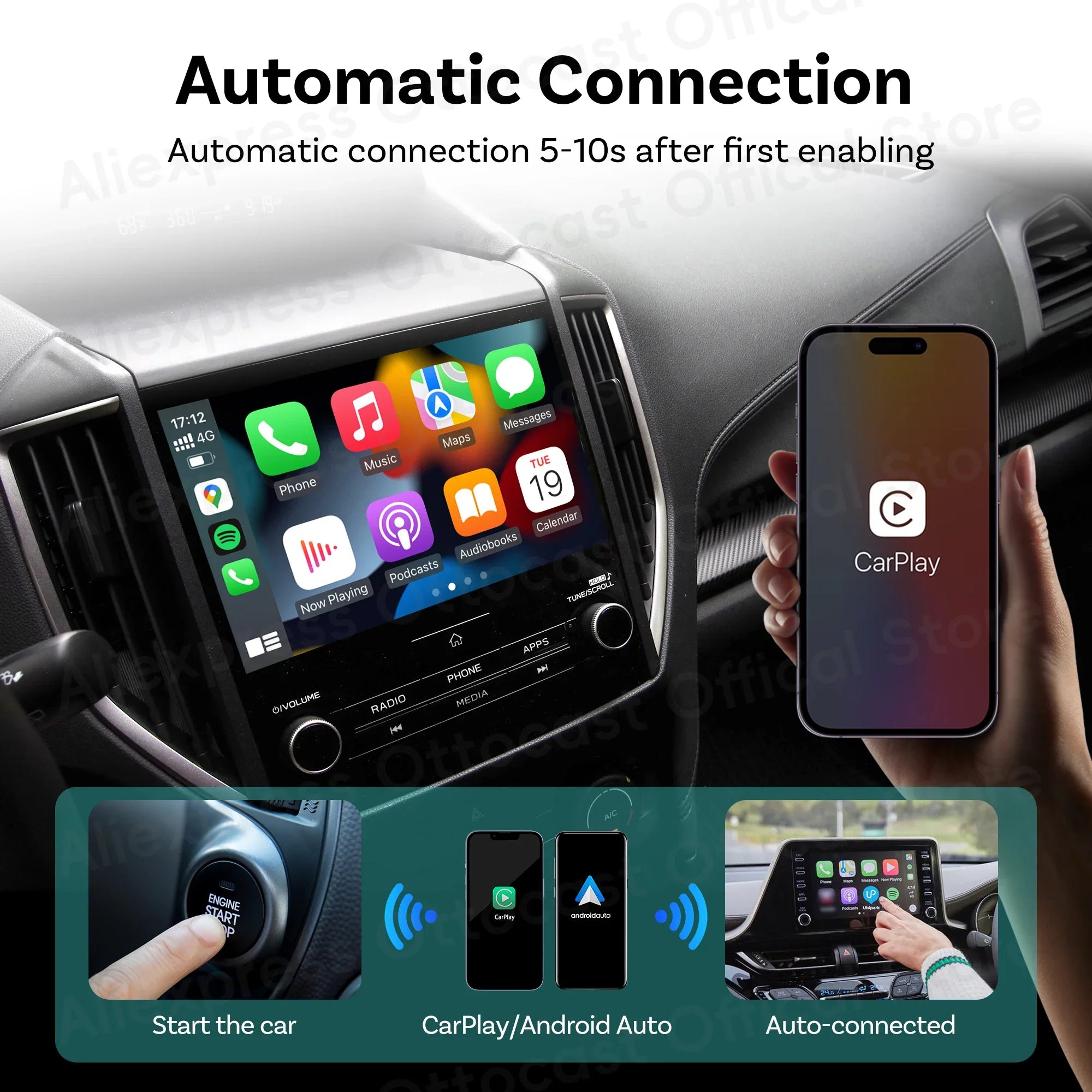 OTTOCAST Mini Wireless CarPlay & Android Auto Adapter, Compact Plug & Play Bluetooth 5.0