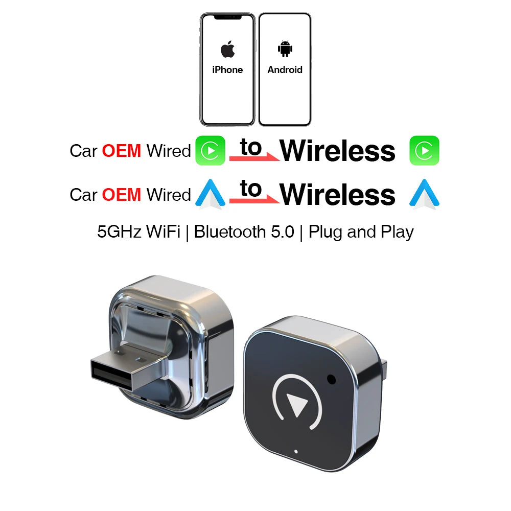 2-in-1 Wired to Wireless CarPlay & Android Auto Adapter USB Plug & Play Bluetooth for OEM Stereo