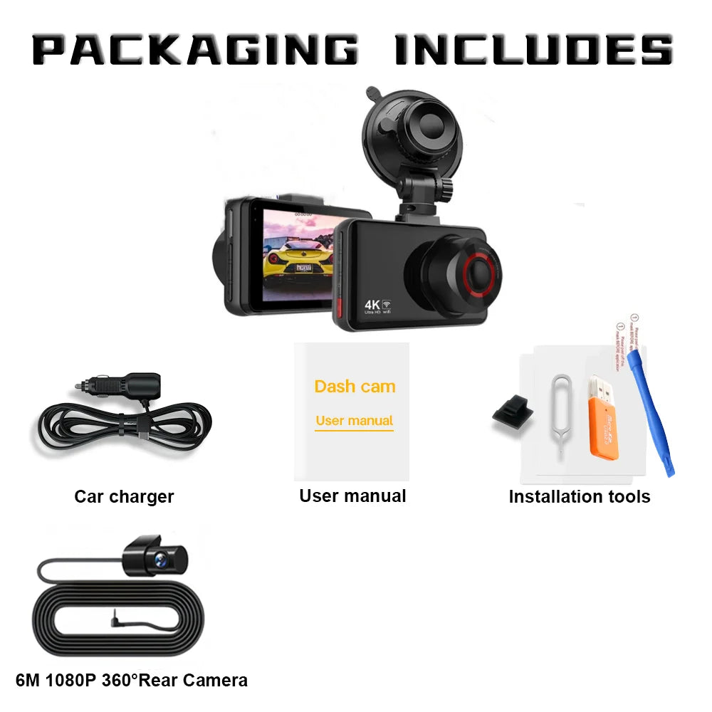 QOZ 4K Dash Cam with Rear Camera, Wi-Fi, Night Vision & Parking Monitor for Cars, Video Recorder