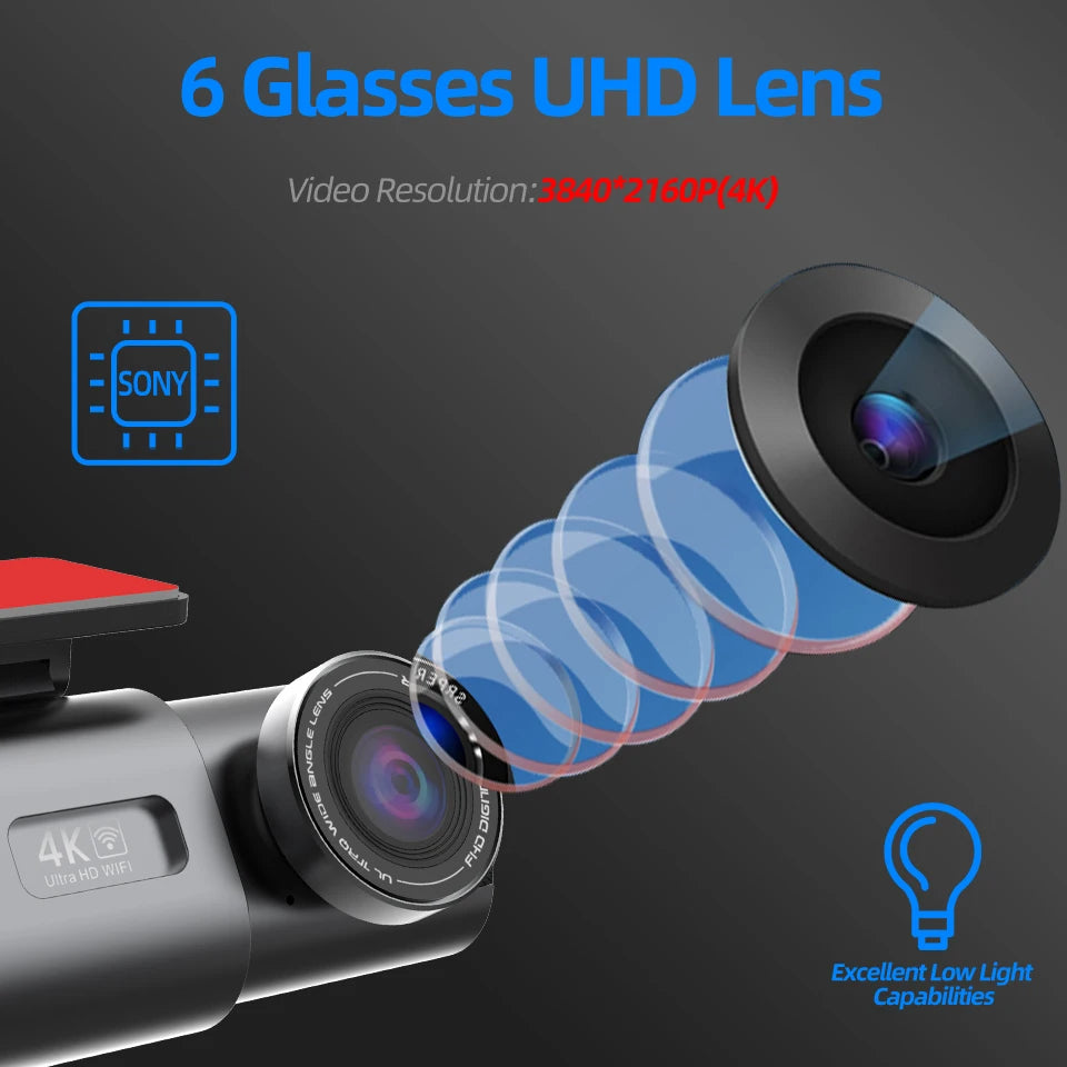 4K Dual Lens Dash Cam with GPS, Night Vision, Wi-Fi & Rear Camera | Car DVR Recorder