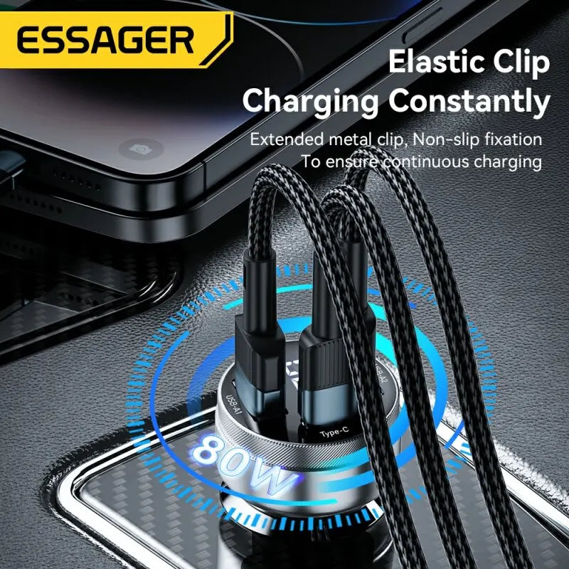 ESSAGER 80W Car Charger USB Type C Dual Port Fast Charger For iPhone Samsung iPad Laptops Tablets