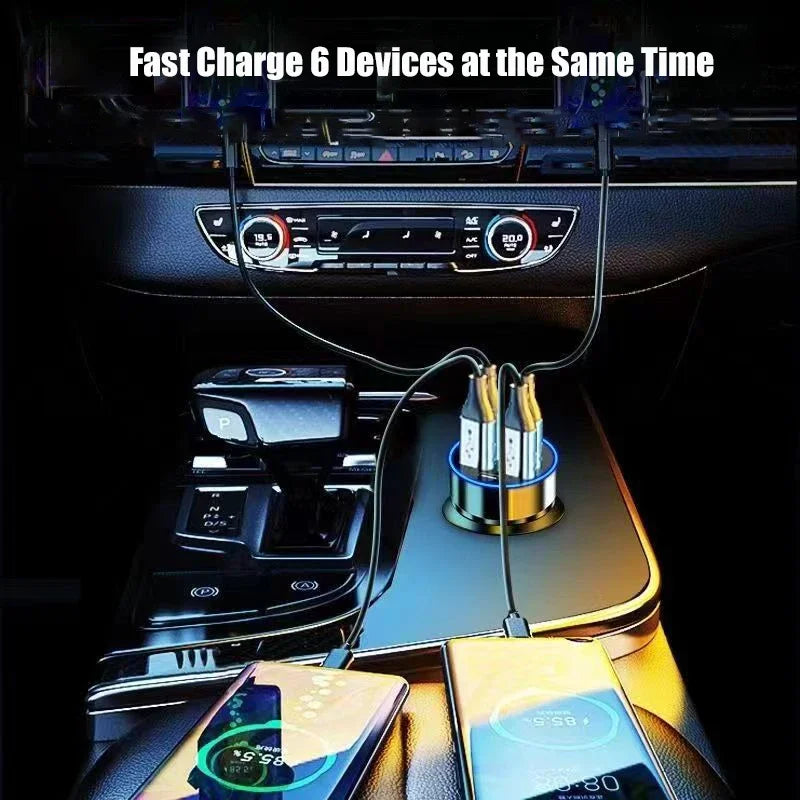 6-in-1 USB-C Car Charger 130W PD Fast Charge Adapter with Voltage Display for iPhone Samsung Huawei