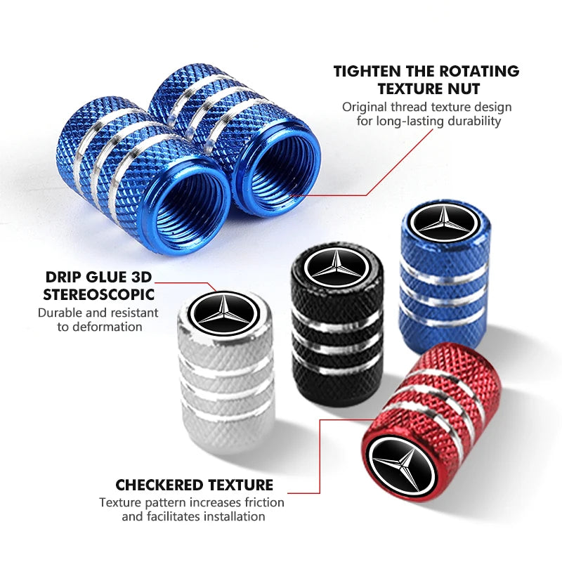 4x Aluminium Valve Caps for Mercedes-Benz, Tyre Dustproof Stem Covers for AMG A C E G GLC CLA