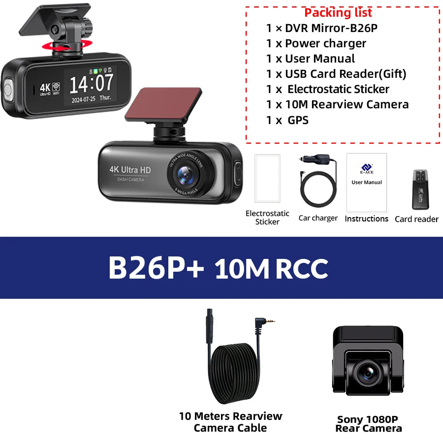 4K Dual Lens Dash Cam with GPS, Wi-Fi, Night Vision, 24H Parking & Rear Camera DVR Night Vision