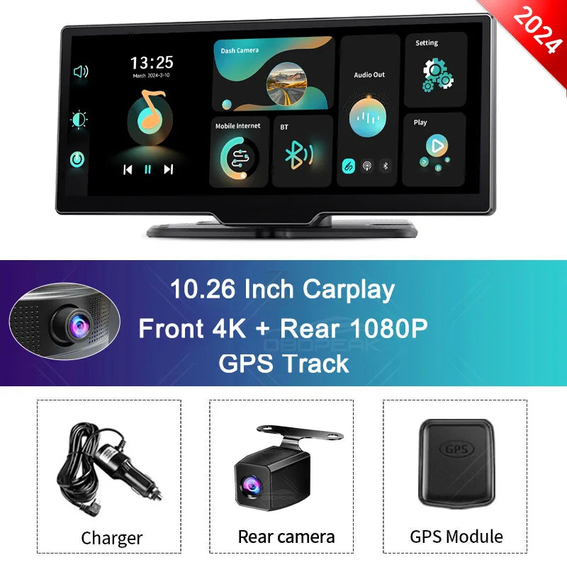 K2 4K Dash Cam with 10.26" Touchscreen, Carplay, Android Auto, GPS & Rearview Camera