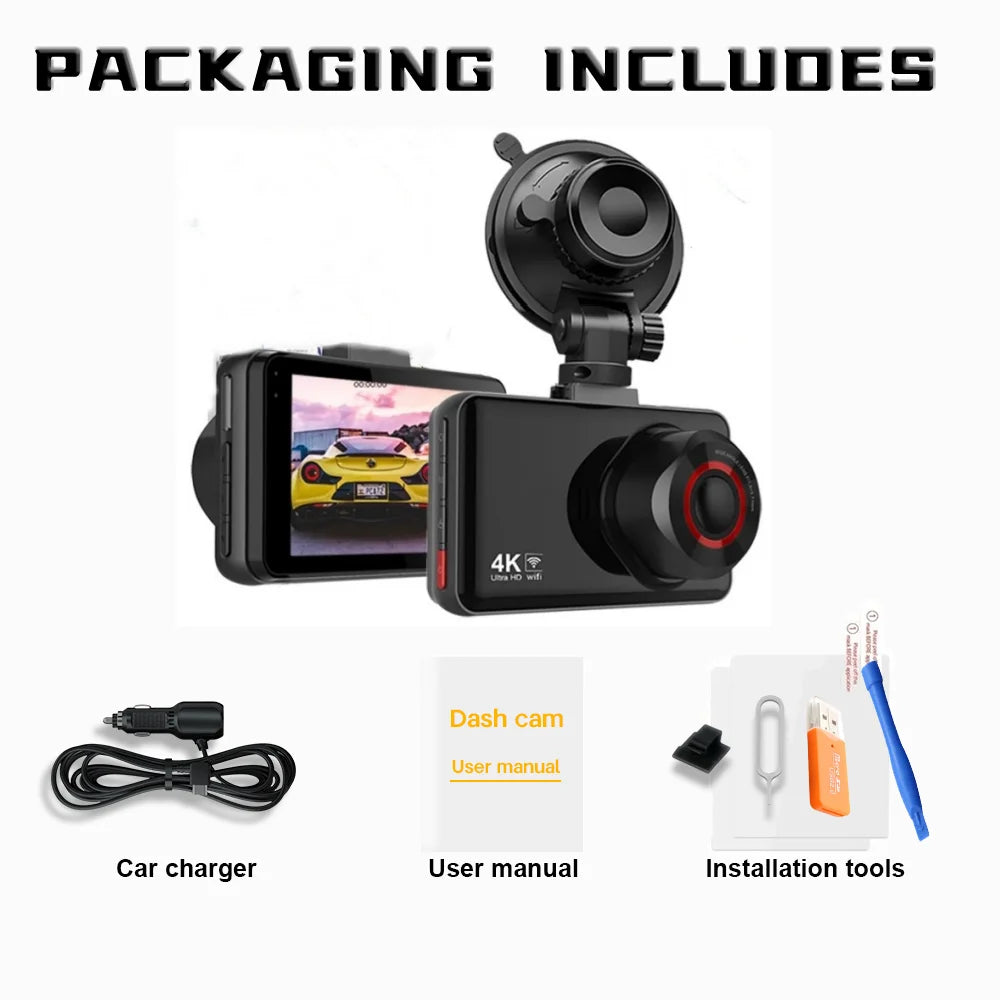 QOZ 4K Dash Cam with Rear Camera, Wi-Fi, Night Vision & Parking Monitor for Cars, Video Recorder