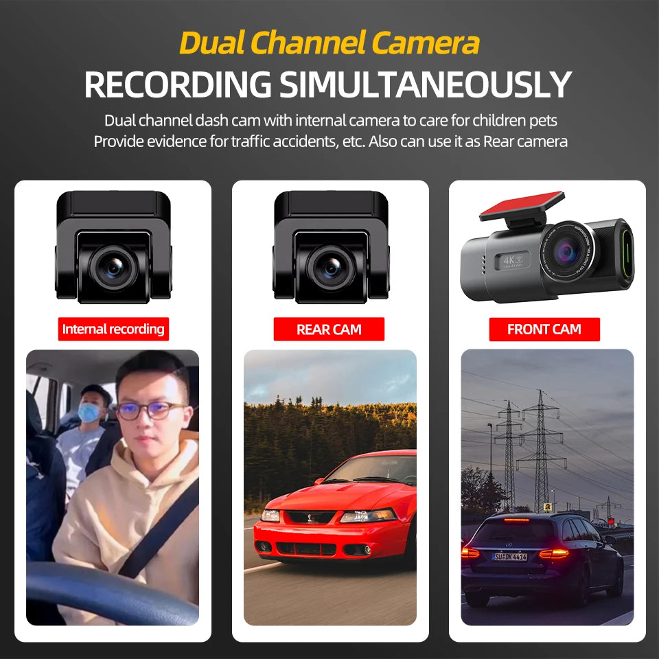 4K Dual Lens Dash Cam with GPS, Night Vision, Wi-Fi & Rear Camera | Car DVR Recorder