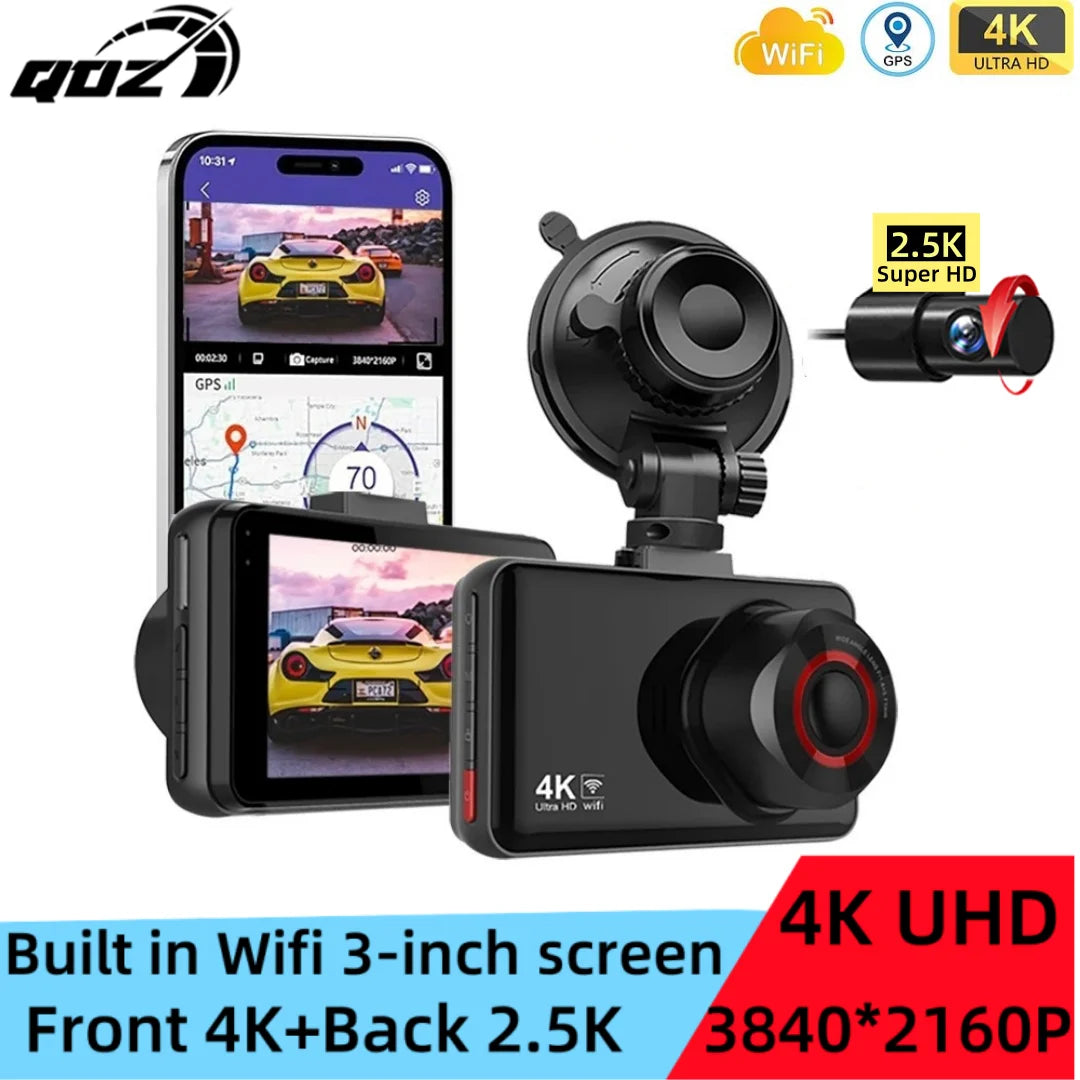 QOZ 4K Dash Cam with Rear Camera, Wi-Fi, Night Vision & Parking Monitor for Cars, Video Recorder