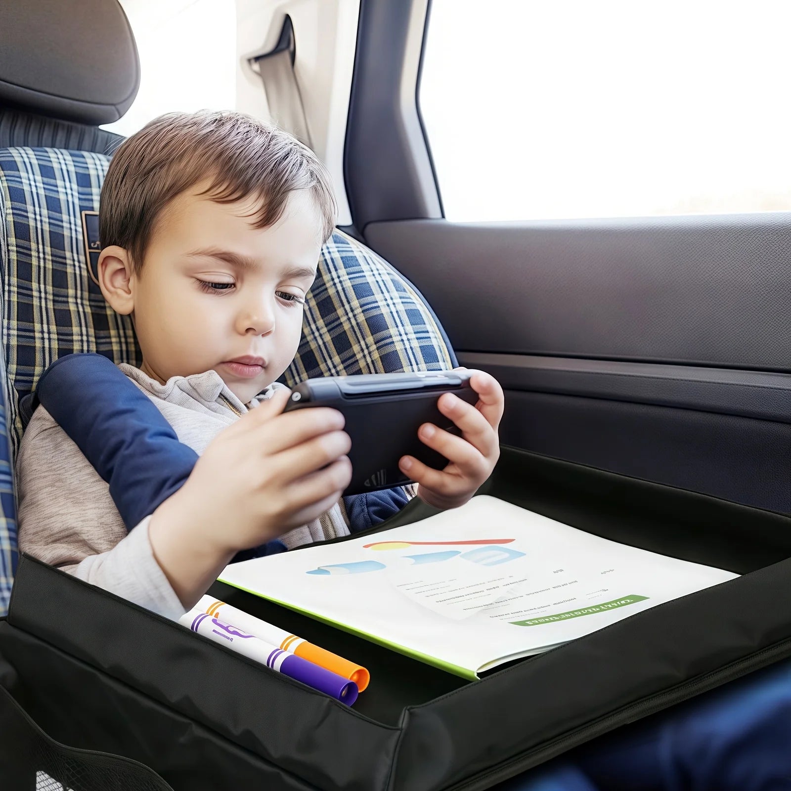 Foldable Expandable Car Seat Travel Tray with Storage Pockets, Lightweight, Wall-Mountable