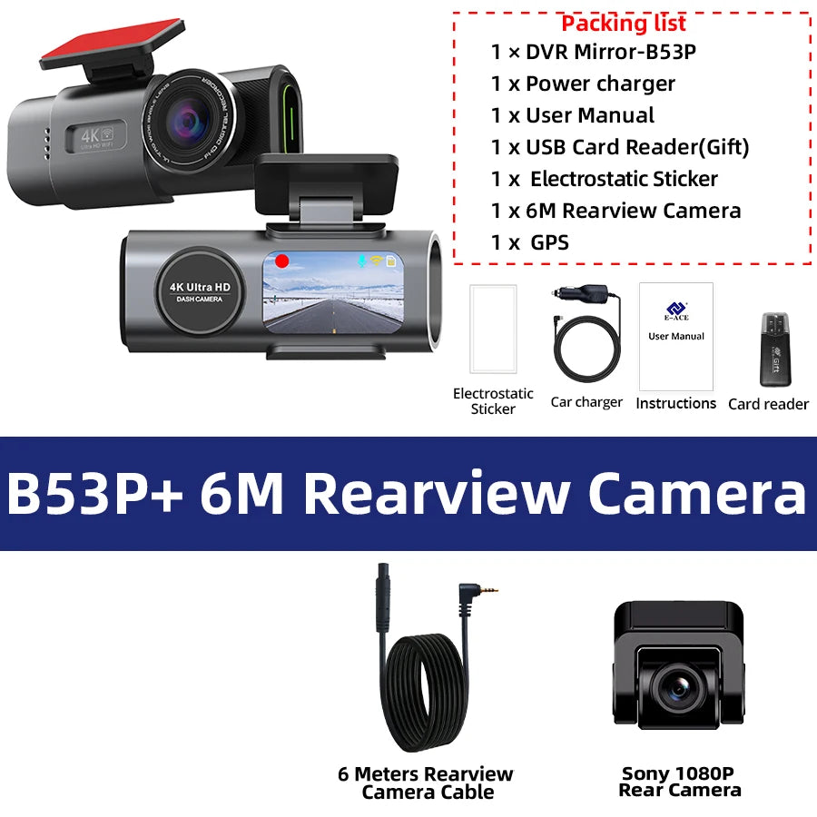 4K Dual Lens Dash Cam with GPS, Night Vision, Wi-Fi & Rear Camera | Car DVR Recorder