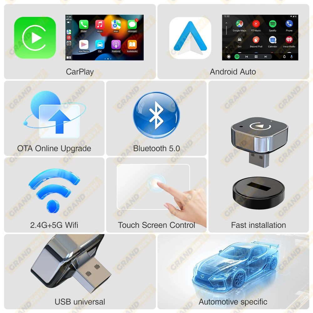 2-in-1 Wired to Wireless CarPlay & Android Auto Adapter USB Plug & Play Bluetooth for OEM Stereo