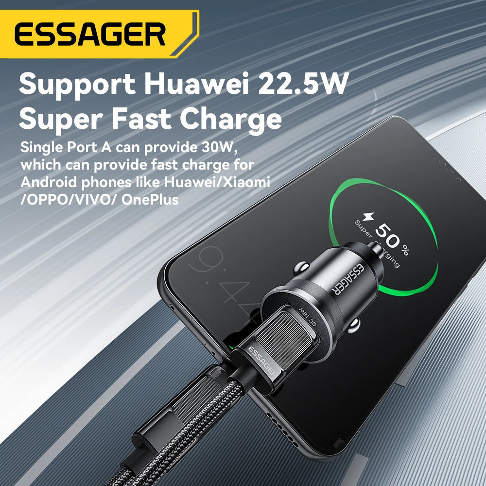ESSAGER 45W Mini USB Car Charger QC 3.0 PD 3.0 SCP AFC USB-C Fast Charging for iPhone Huawei Samsung
