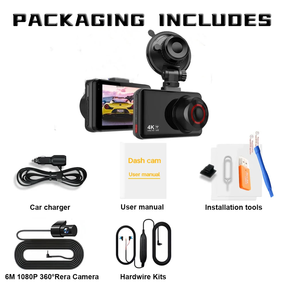 QOZ 4K Dash Cam with Rear Camera, Wi-Fi, Night Vision & Parking Monitor for Cars, Video Recorder