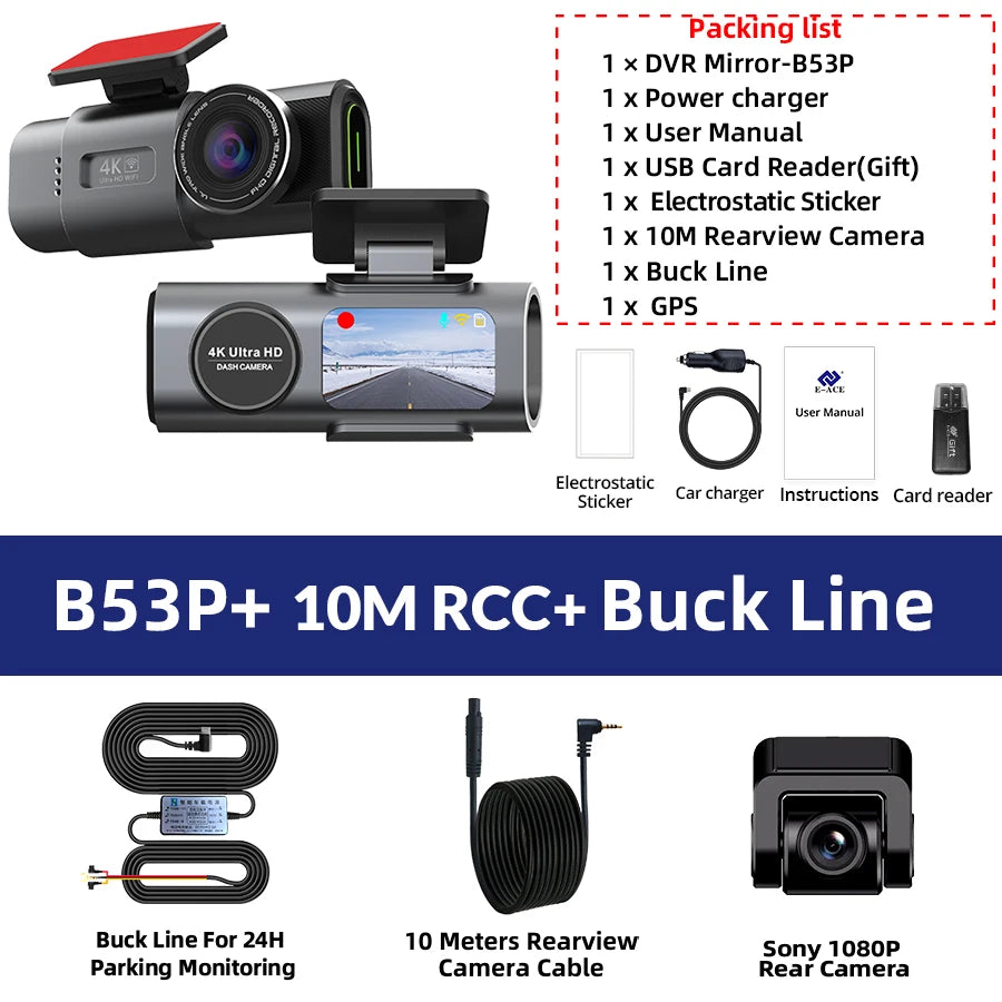 4K Dual Lens Dash Cam with GPS, Night Vision, Wi-Fi & Rear Camera | Car DVR Recorder