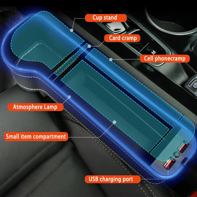 Car Seat Gap Filler with LED Lights, Cup Holder & Dual USB Charger, 7-Colour Storage Organizer