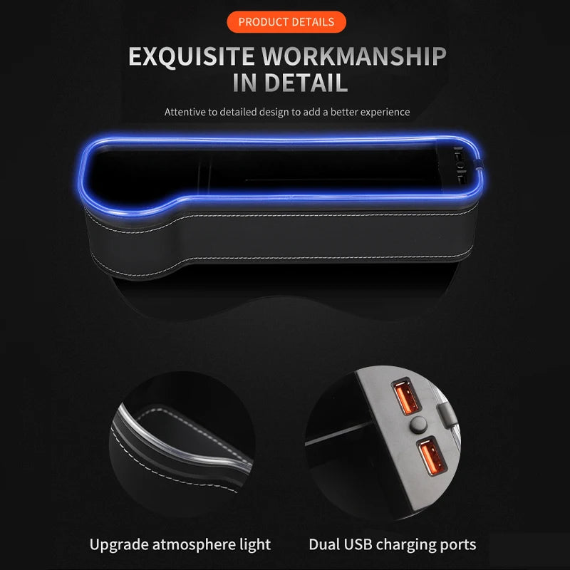 Car Seat Gap Filler with LED Lights, Cup Holder & Dual USB Charger, 7-Colour Storage Organizer