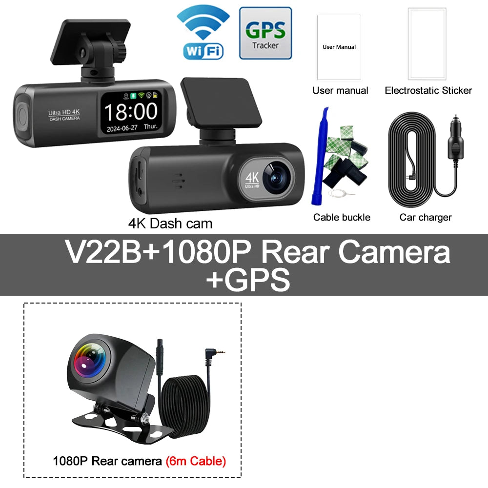 UHD 4K WiFi Dual Lens Car Dash Cam With GPS, 1080P Rear Camera & 24H Parking Surveillance