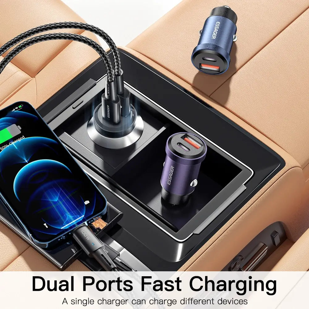 ESSAGER 30W 5A QC PD 3.0 SCP USB Car Charger Quick Charge 4.0 USB-C Fast Charging for iPhone Huawei