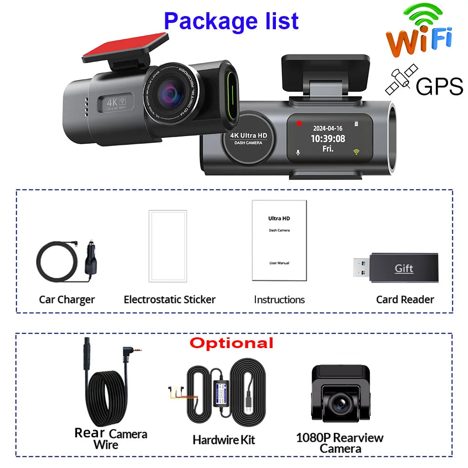 4K Dual Lens Dash Cam with GPS, Night Vision, Wi-Fi & Rear Camera | Car DVR Recorder