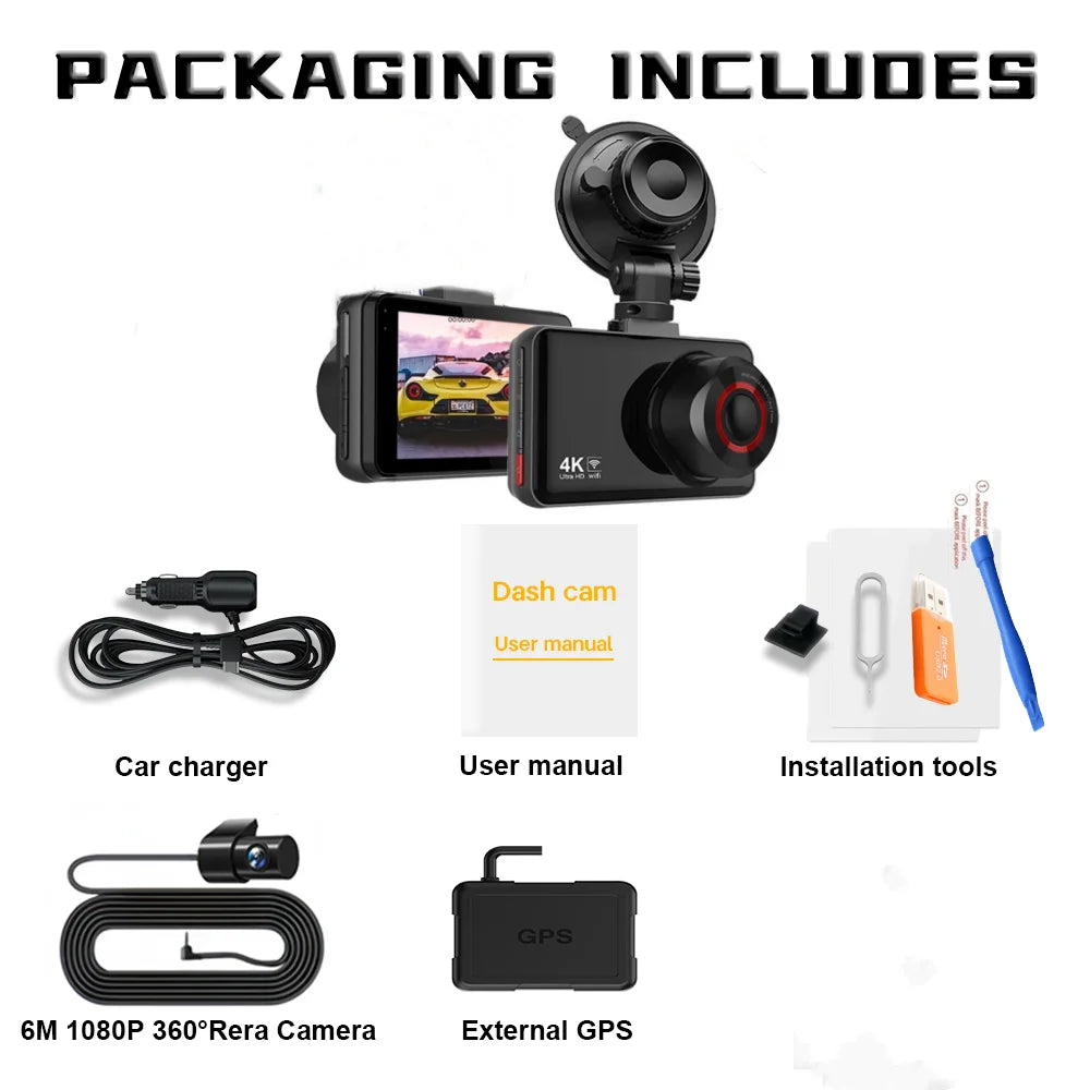 QOZ 4K Dash Cam with Rear Camera, Wi-Fi, Night Vision & Parking Monitor for Cars, Video Recorder