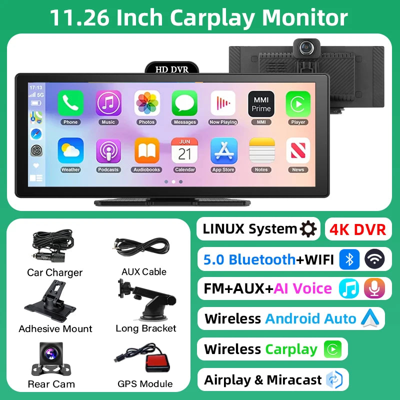 11.26" 4K Dash Cam with Wireless CarPlay, Android Auto, GPS Navigation, Bluetooth & Rear Camera