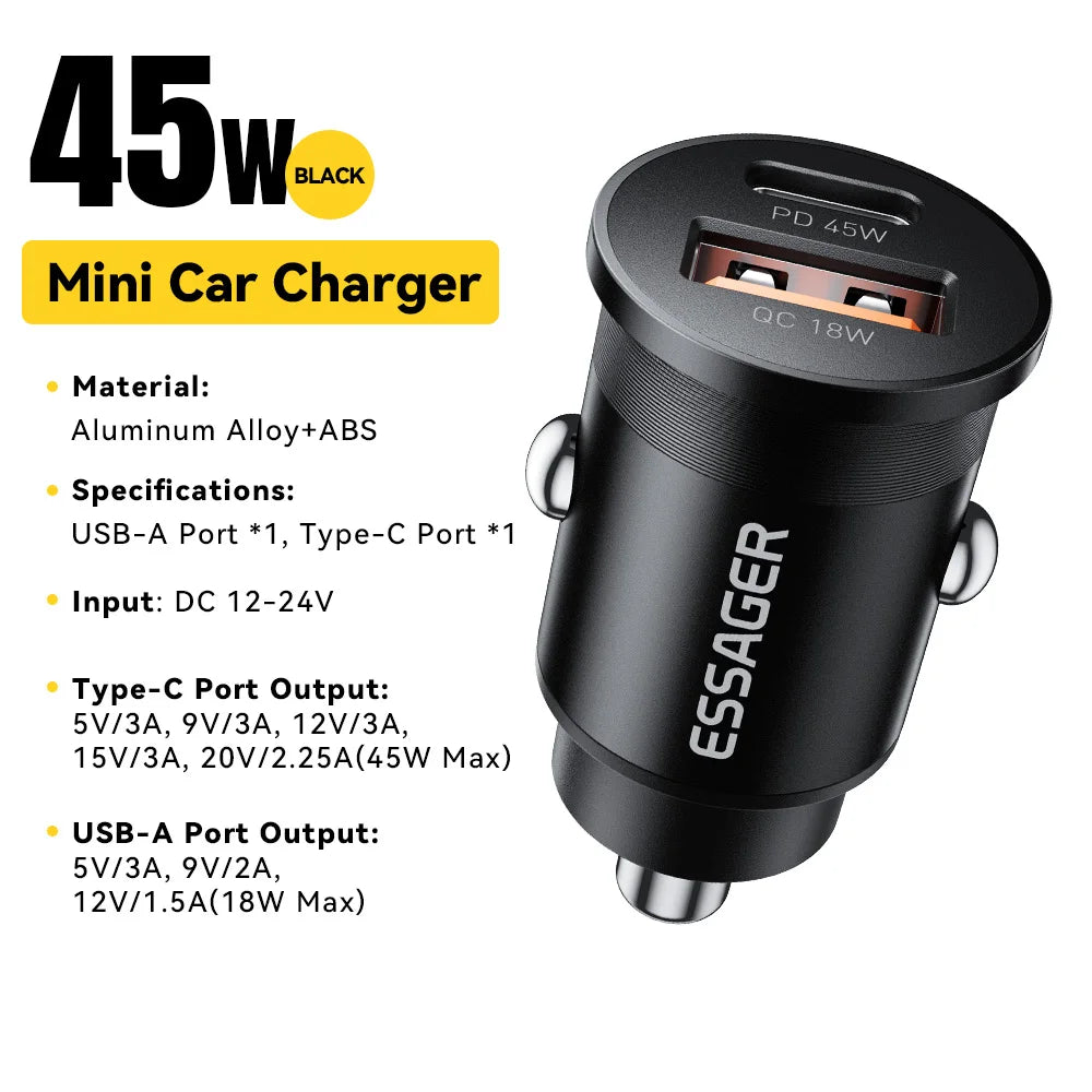 ESSAGER 45W Mini USB Car Charger QC 3.0 PD 3.0 SCP AFC USB-C Fast Charging for iPhone Huawei Samsung