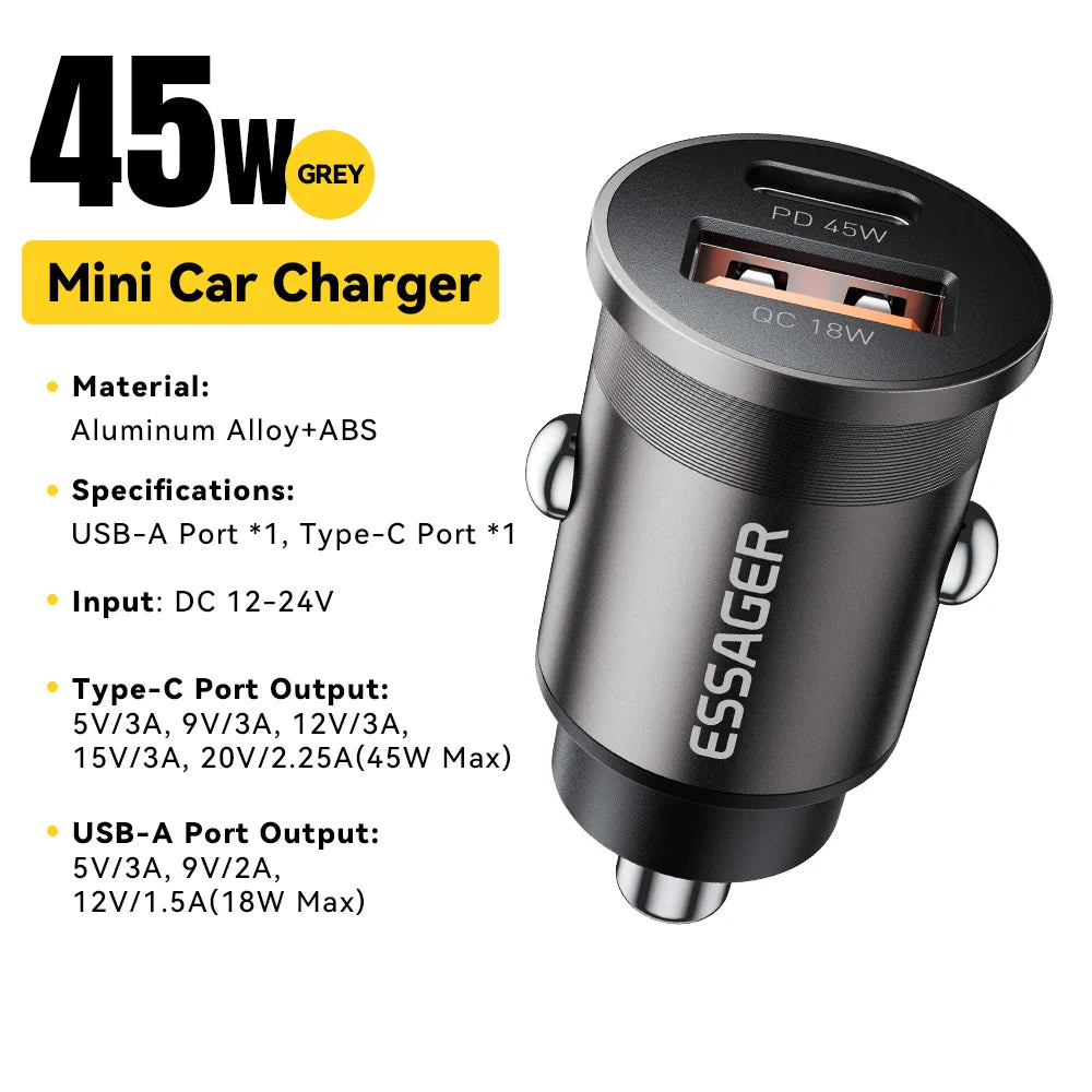ESSAGER 45W Mini USB Car Charger QC 3.0 PD 3.0 SCP AFC USB-C Fast Charging for iPhone Huawei Samsung