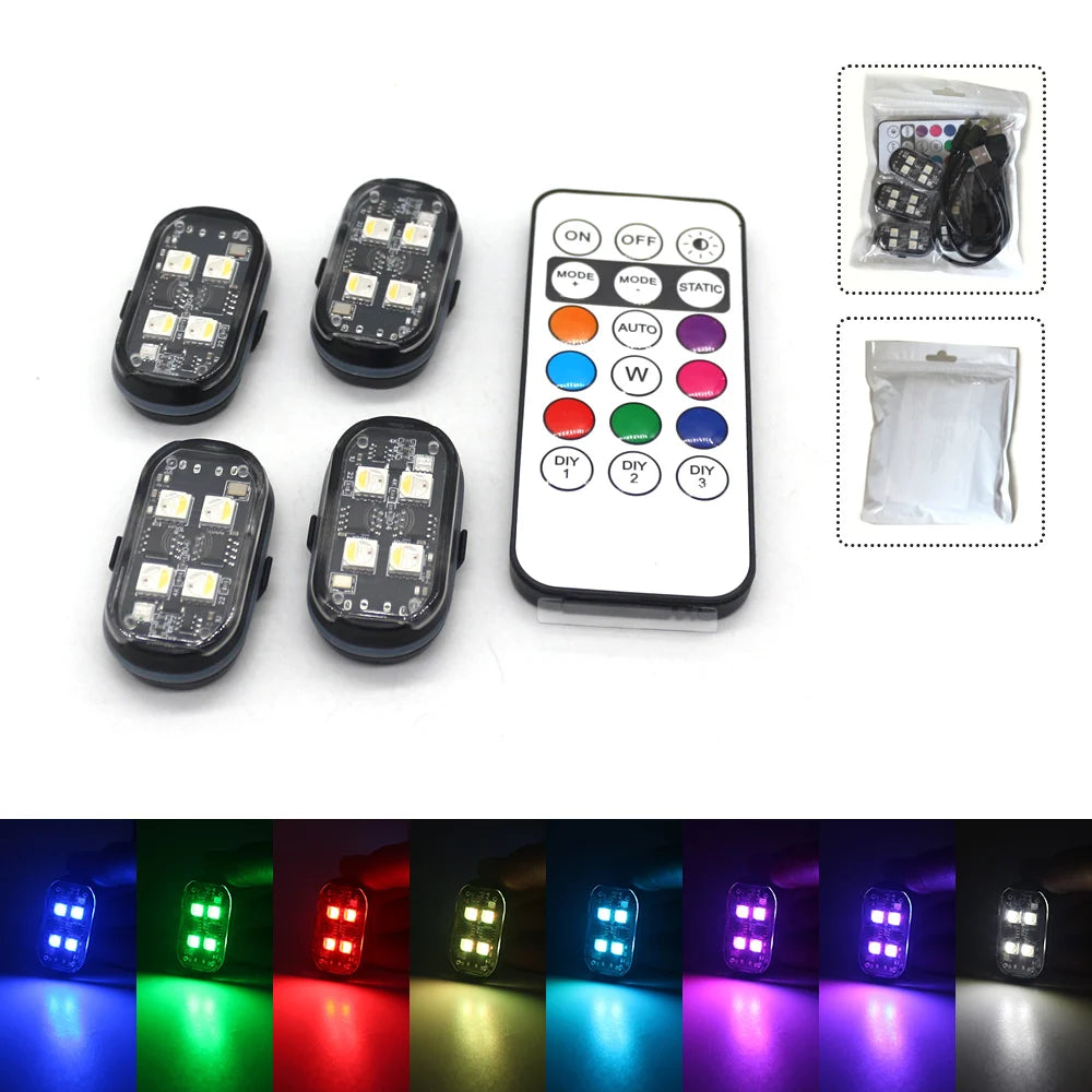 2/4PCS Wireless Rechargeable LED Strobe Lights, 8-Colour Car Atmosphere & Anti-Collision Lamps