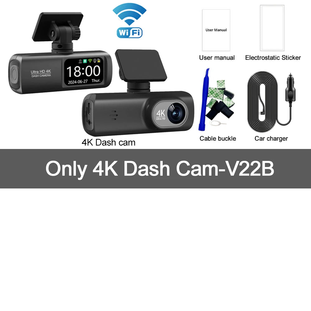 UHD 4K WiFi Dual Lens Car Dash Cam With GPS, 1080P Rear Camera & 24H Parking Surveillance