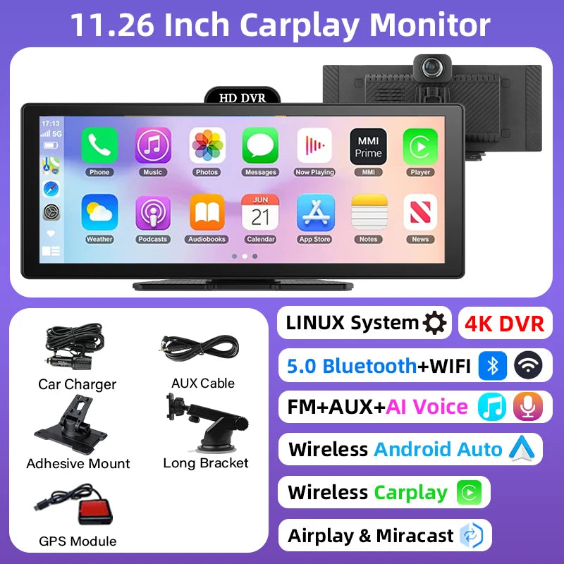 11.26" 4K Dash Cam with Wireless CarPlay, Android Auto, GPS Navigation, Bluetooth & Rear Camera