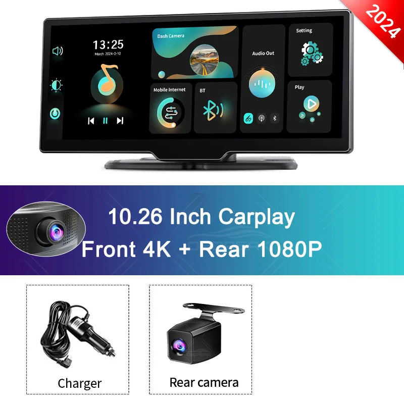 K2 4K Dash Cam with 10.26" Touchscreen, Carplay, Android Auto, GPS & Rearview Camera