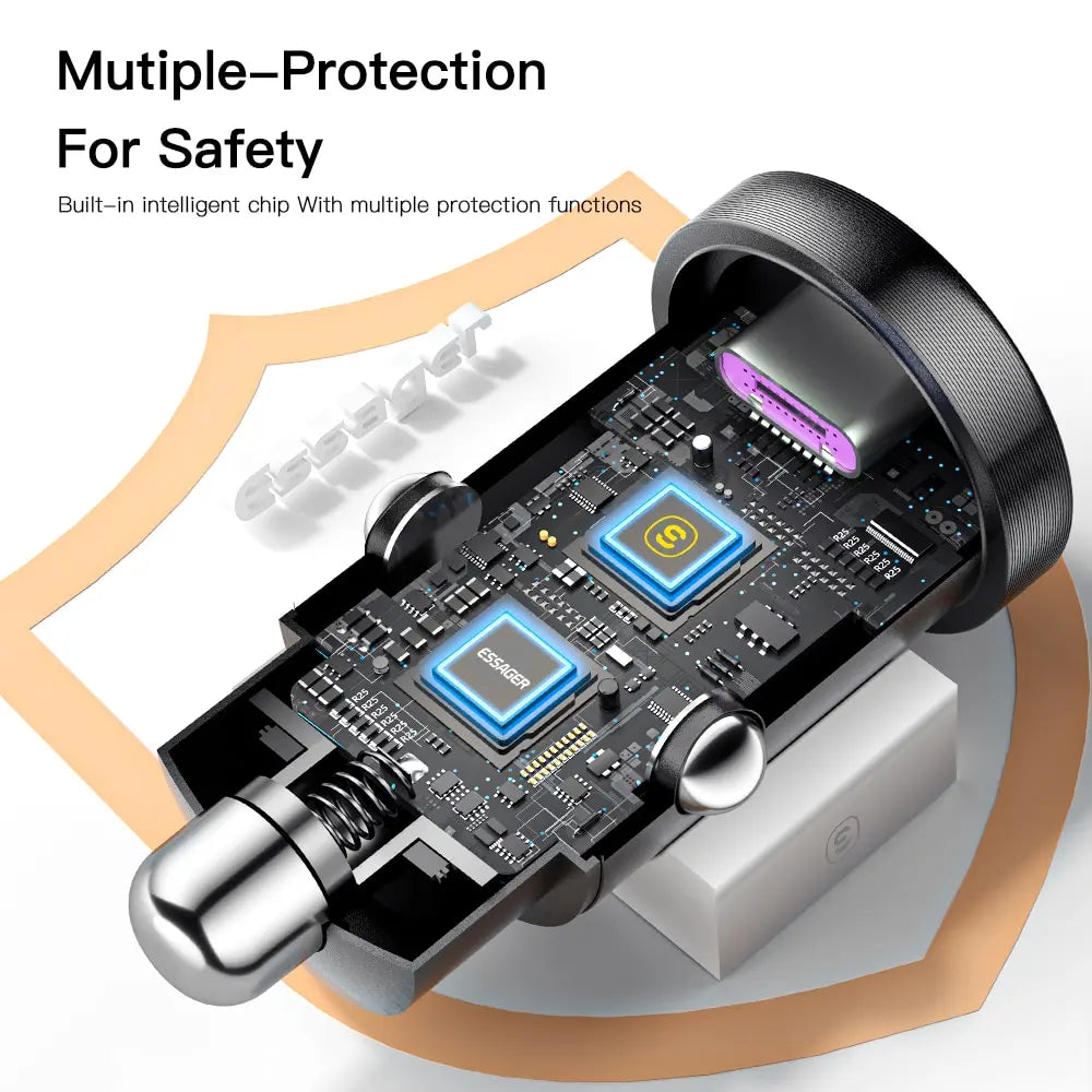 ESSAGER 30W 5A QC PD 3.0 SCP USB Car Charger Quick Charge 4.0 USB-C Fast Charging for iPhone Huawei