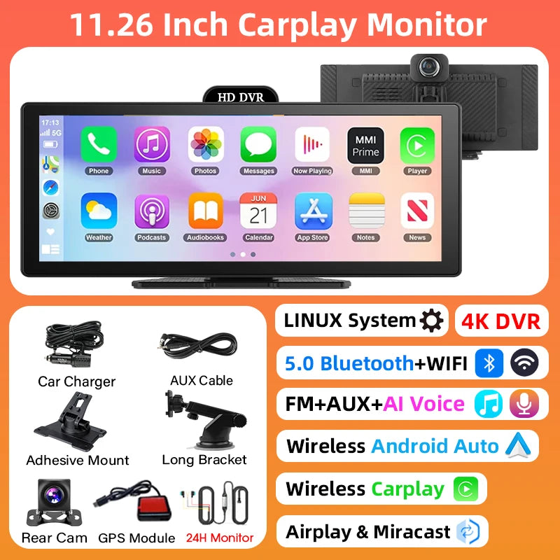 11.26" 4K Dash Cam with Wireless CarPlay, Android Auto, GPS Navigation, Bluetooth & Rear Camera