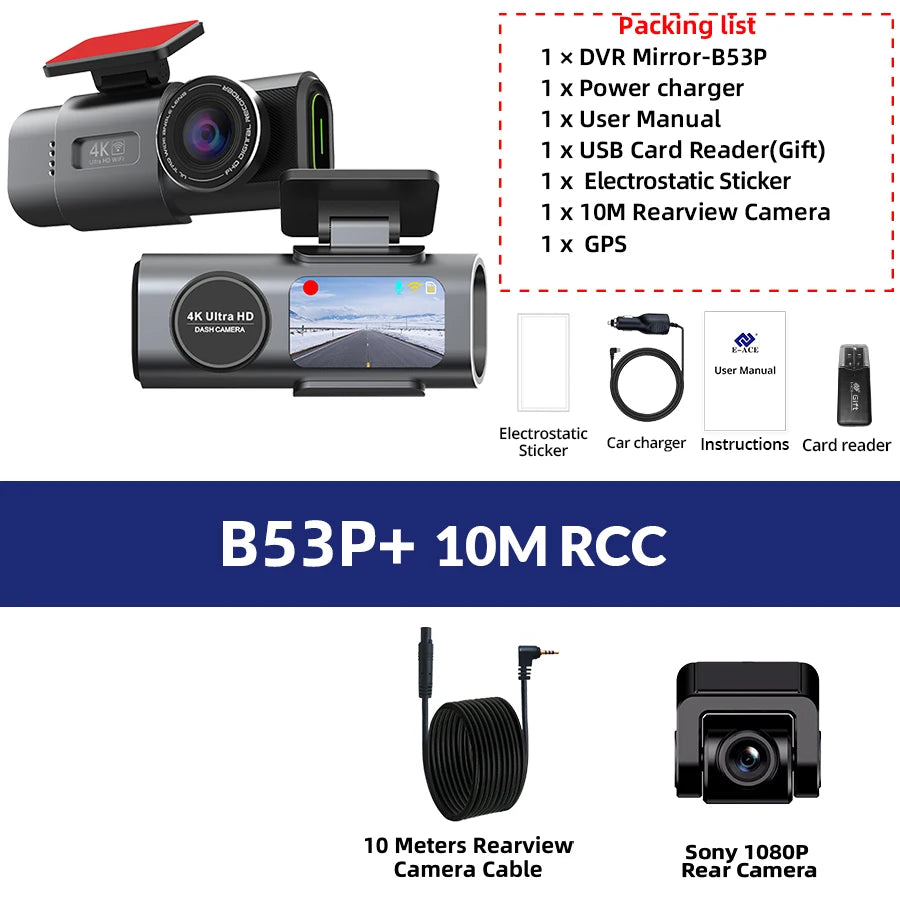 4K Dual Lens Dash Cam with GPS, Night Vision, Wi-Fi & Rear Camera | Car DVR Recorder