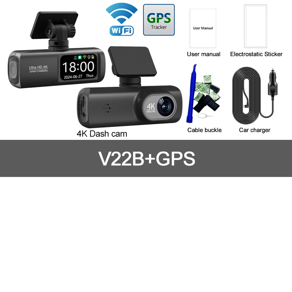 UHD 4K WiFi Dual Lens Car Dash Cam With GPS, 1080P Rear Camera & 24H Parking Surveillance