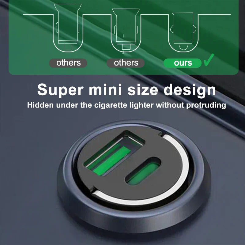 200W Mini Car Charger Fast Charging QC3.0 PD USB Type-C Adapter for iPhone Xiaomi Samsung
