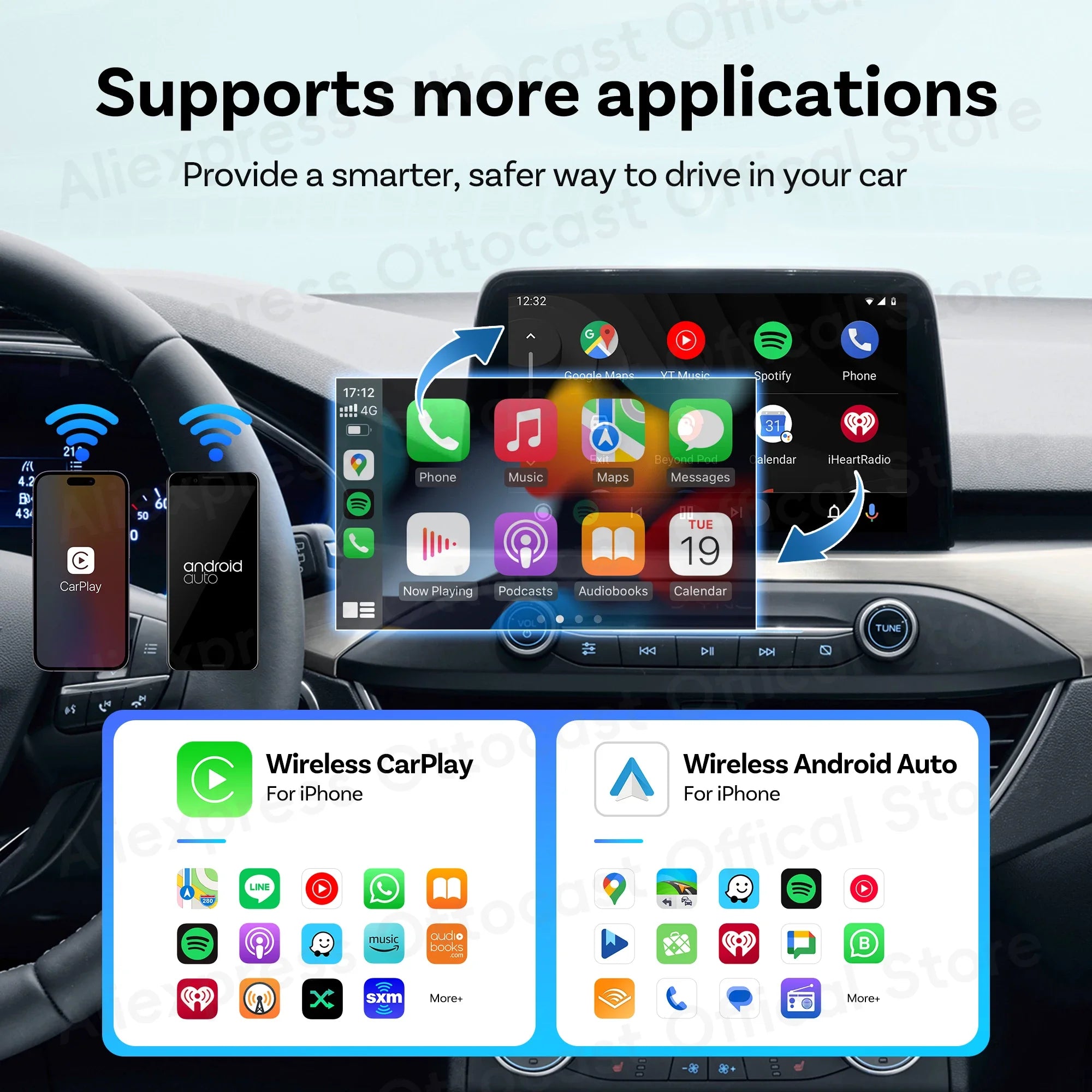 OTTOCAST Mini Wireless CarPlay & Android Auto Adapter, Compact Plug & Play Bluetooth 5.0