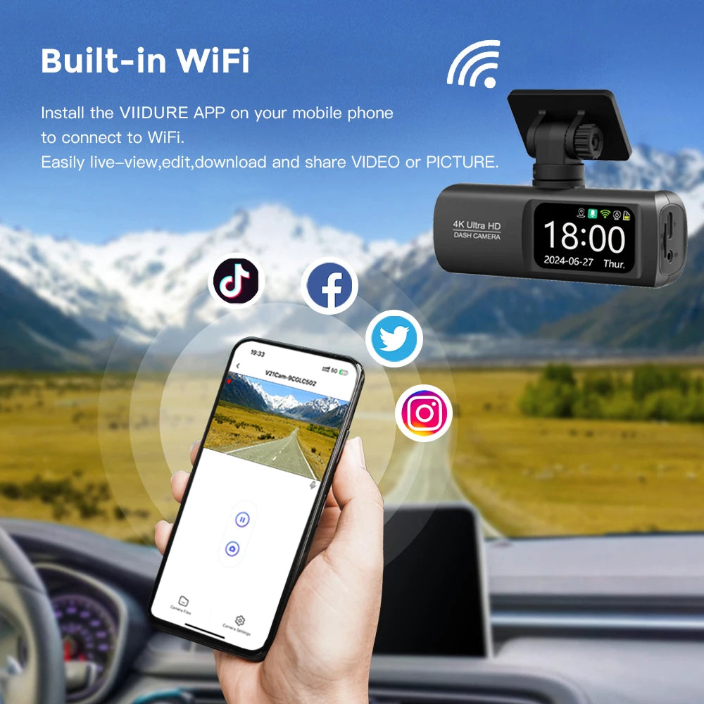 UHD 4K WiFi Dual Lens Car Dash Cam With GPS, 1080P Rear Camera & 24H Parking Surveillance